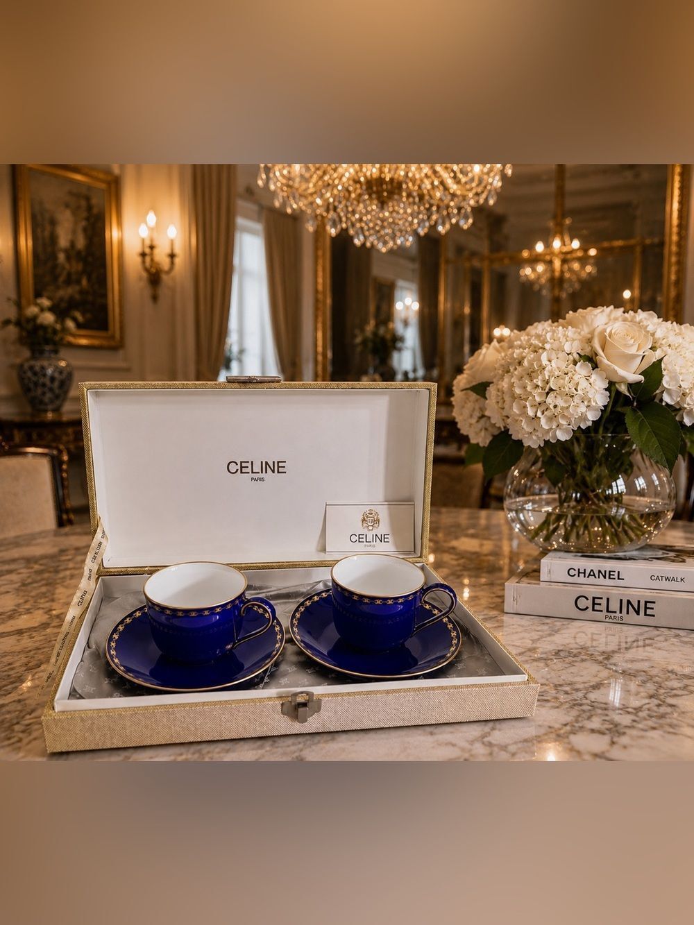 CELINE Paris Cobalt Blue Porcelain Espresso Cup & Saucer Set w/Box Gold Trim